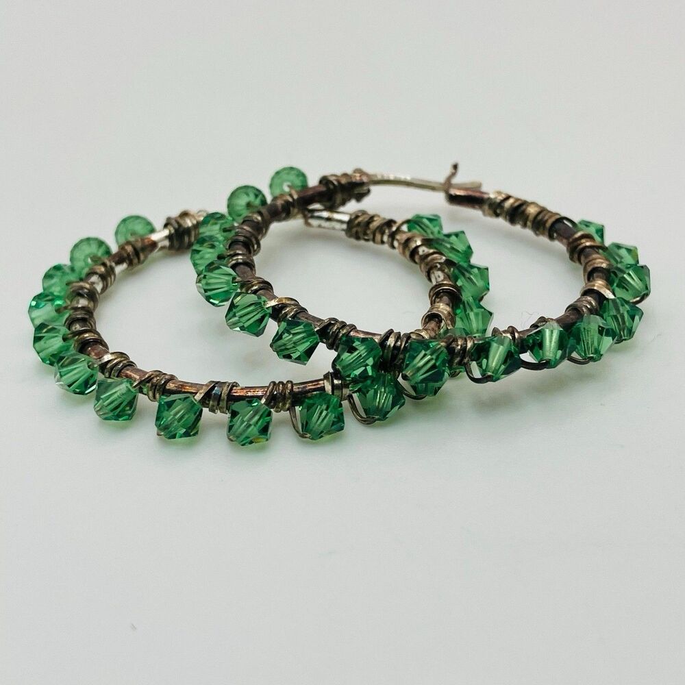 Signed Sterling Silver Green Stone Hoop Earrings 6.2 G